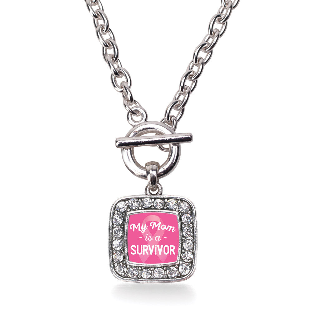 Silver My Mom is a Survivor Breast Cancer Awareness Square Charm Toggle Necklace