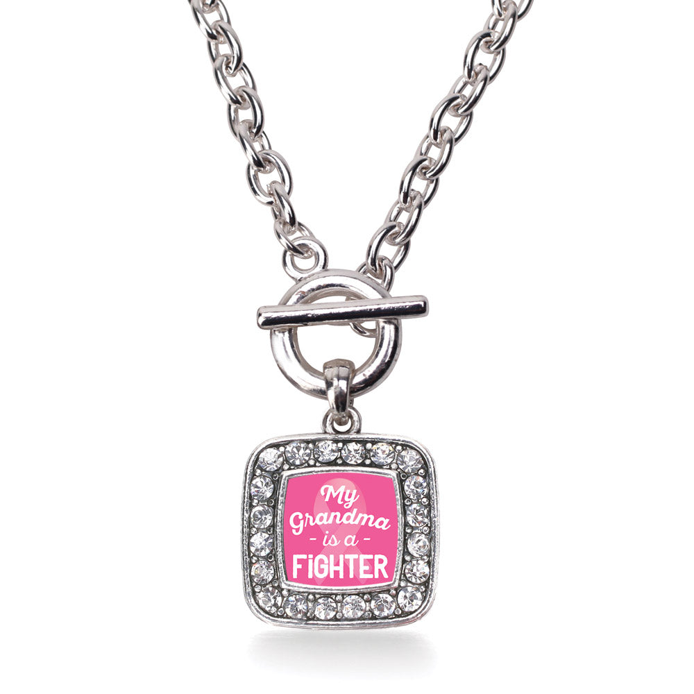 Silver My Grandma is a Fighter Breast Cancer Awareness Square Charm Toggle Necklace