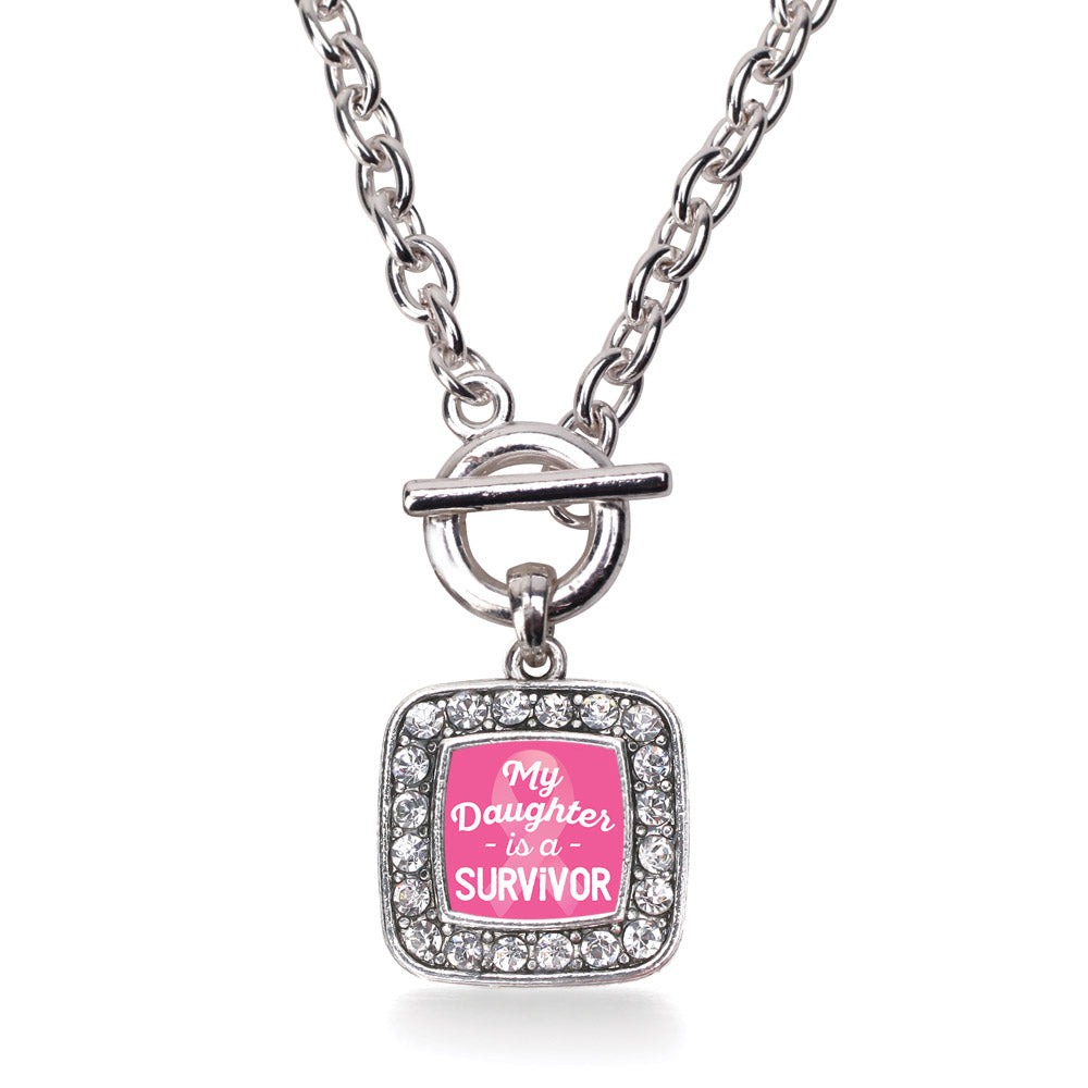Silver My Daughter is a Survivor Breast Cancer Awareness Square Charm Toggle Necklace