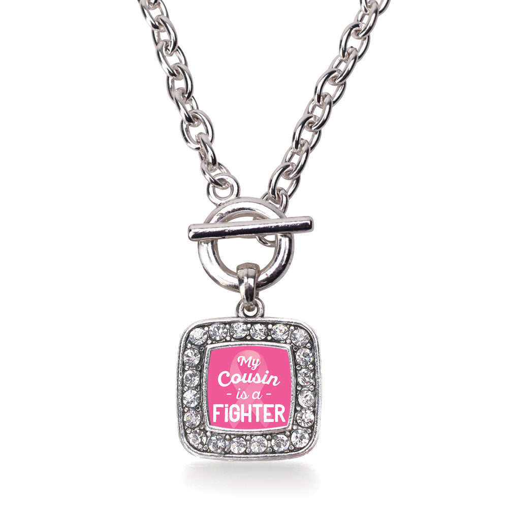 Silver My Cousin is a Fighter Breast Cancer Awareness Square Charm Toggle Necklace