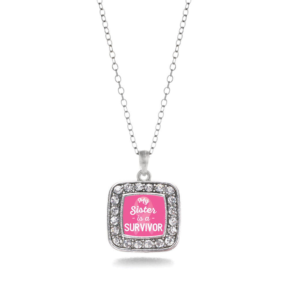 Silver My Sister is a Survivor Breast Cancer Awareness Square Charm Classic Necklace