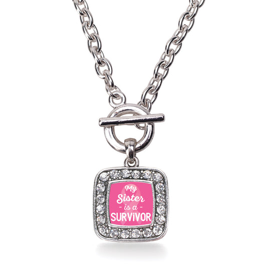 Silver My Sister is a Survivor Breast Cancer Awareness Square Charm Toggle Necklace