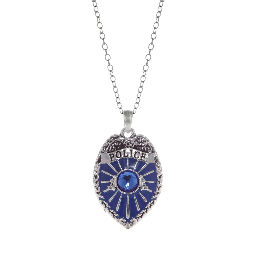 Silver Blue Police Badge Charm Classic Necklace