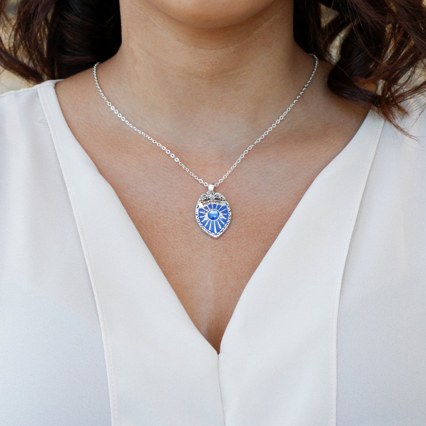 Silver Blue Police Badge Charm Classic Necklace
