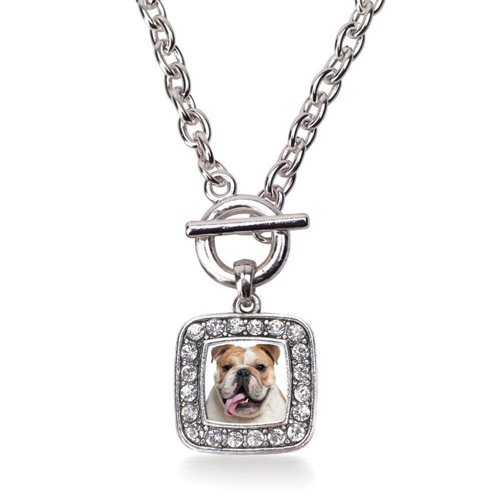 Silver Bulldog Face Square Charm Toggle Necklace