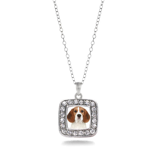 Silver Beagle Face Square Charm Classic Necklace