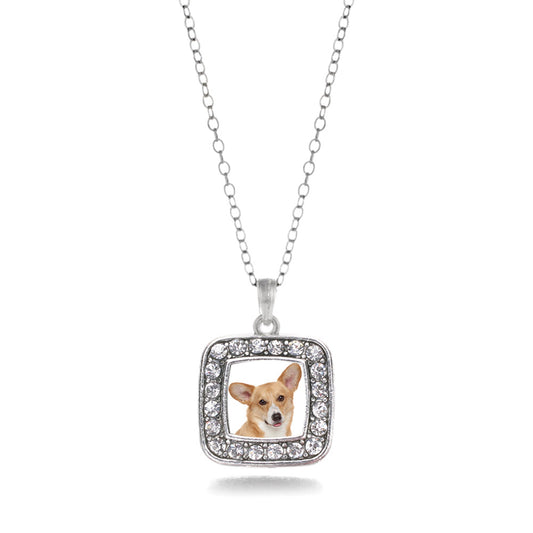 Silver Corgi Face Square Charm Classic Necklace