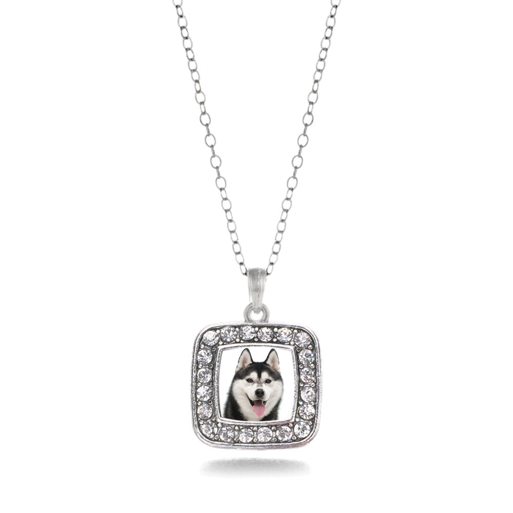 Silver Husky Face Square Charm Classic Necklace