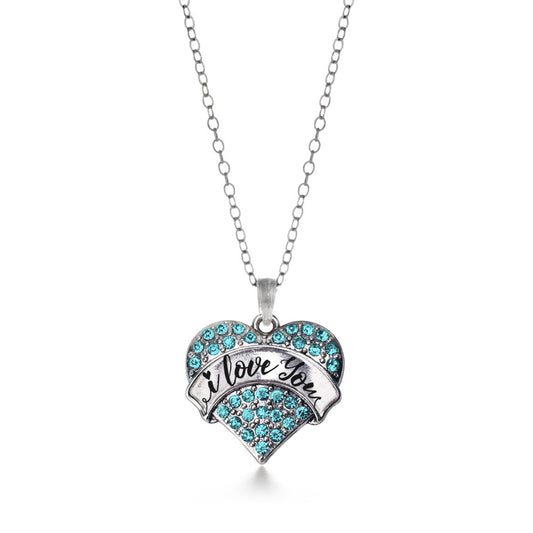 Silver I Love You Handwritten Script Aqua Aqua Pave Heart Charm Classic Necklace