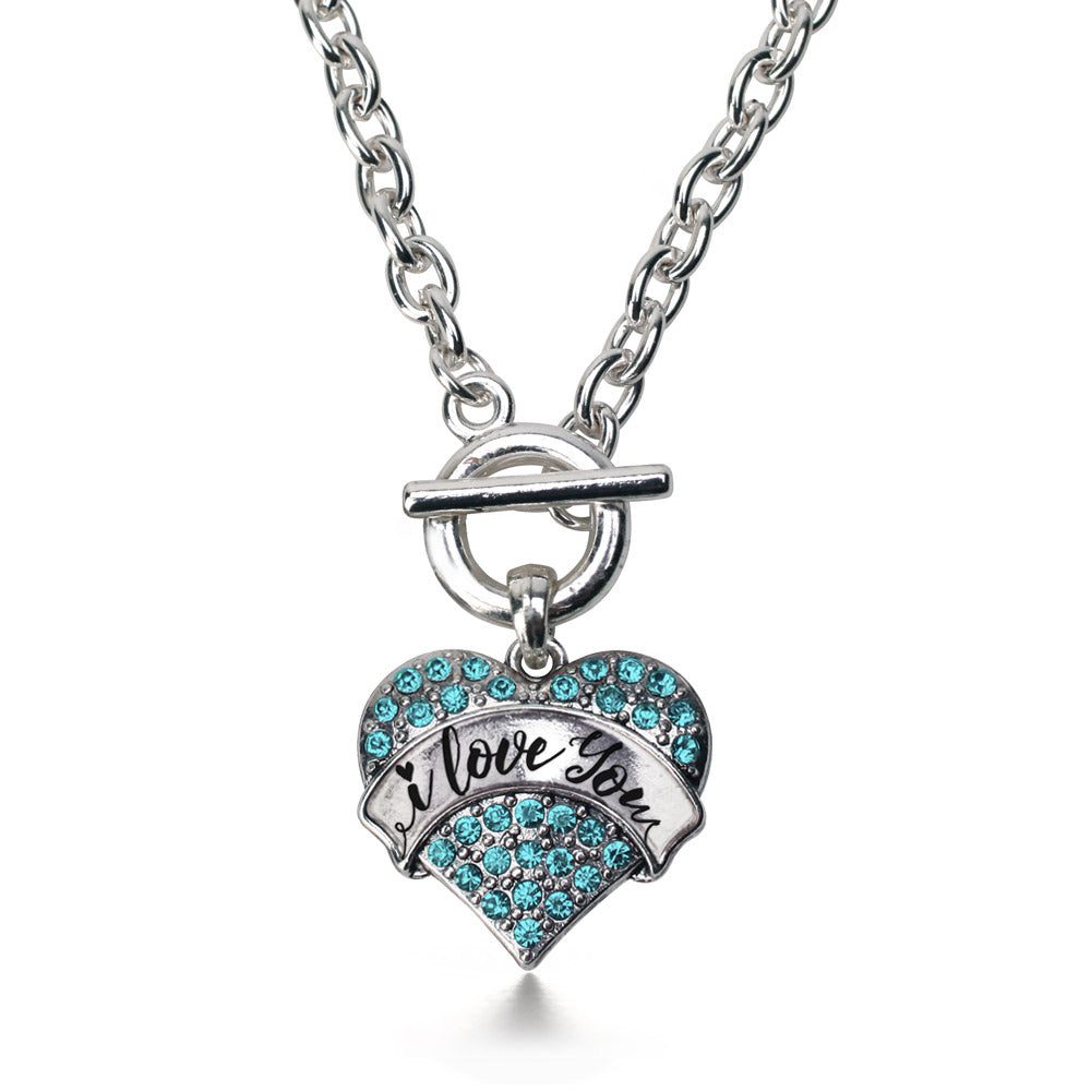Silver I Love You Handwritten Script Aqua Aqua Pave Heart Charm Toggle Necklace