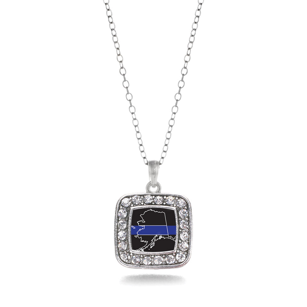 Silver Alaska Thin Blue Line Square Charm Classic Necklace