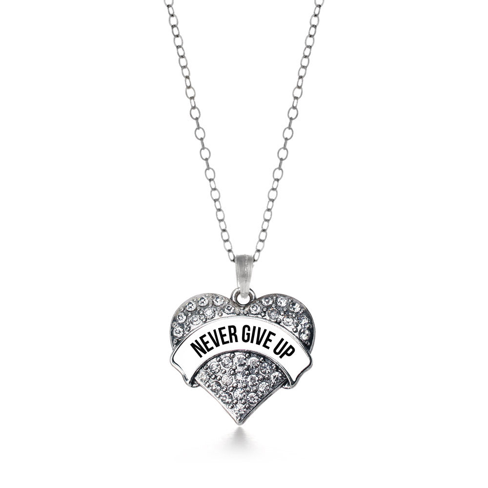 Silver White Banner Never Give Up Pave Heart Charm Classic Necklace