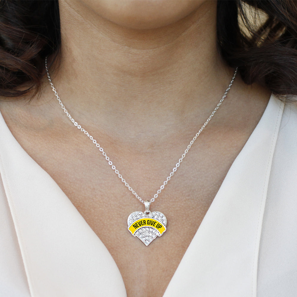 Silver Yellow Banner Never Give up Pave Heart Charm Classic Necklace