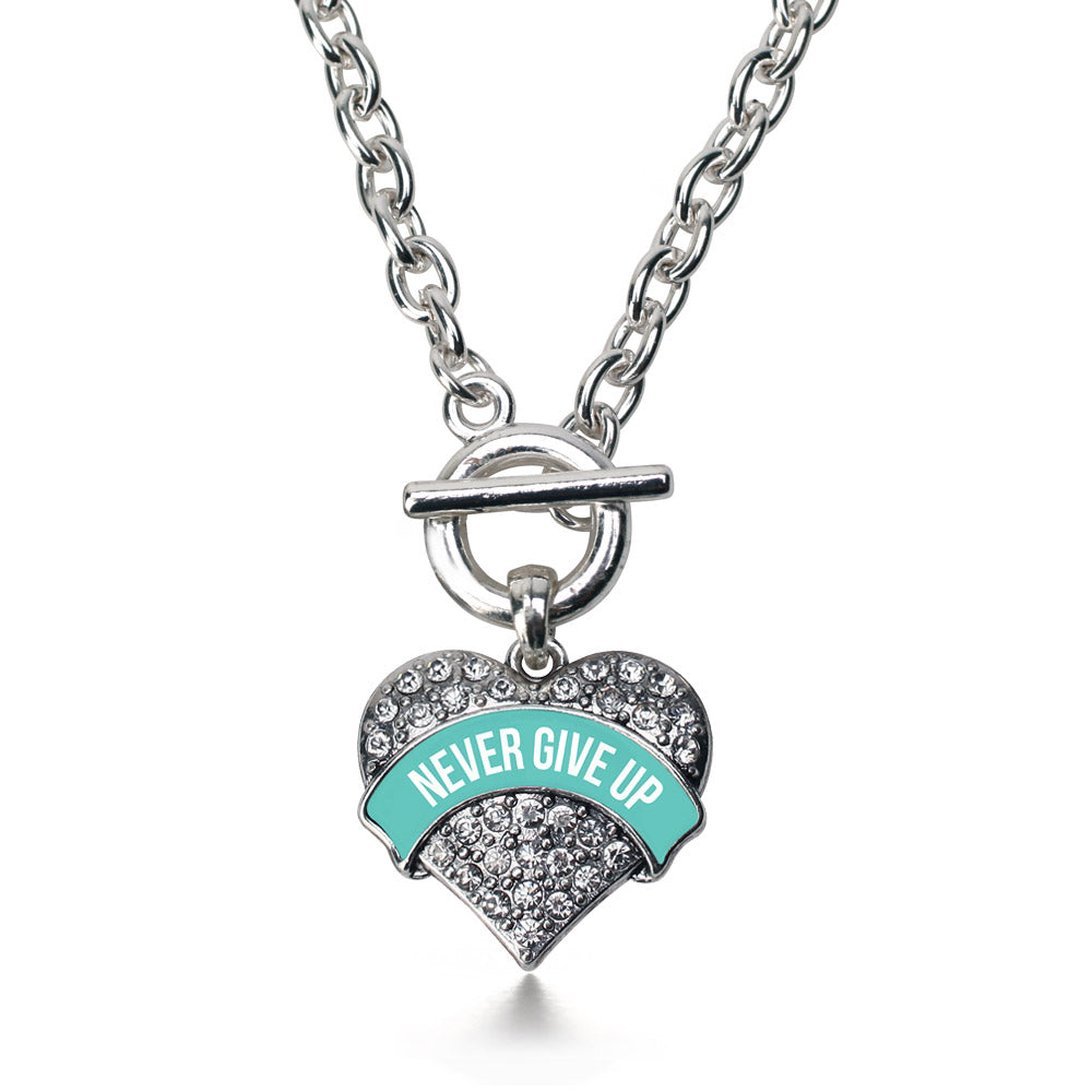 Silver Teal Banner Never Give up Pave Heart Charm Toggle Necklace