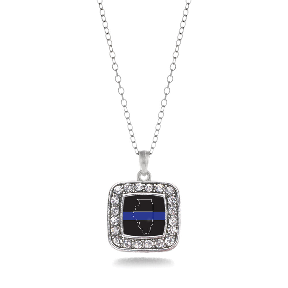 Silver Illinois Thin Blue Line Square Charm Classic Necklace