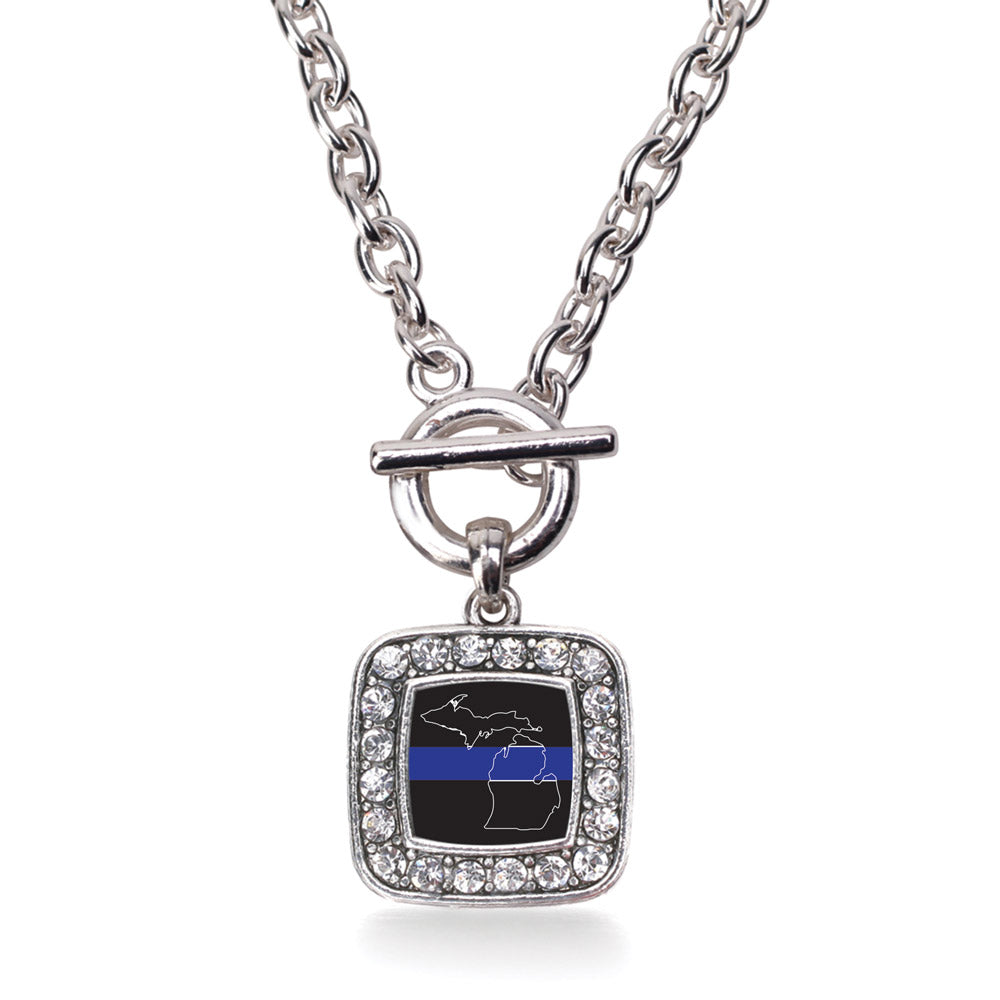Silver Michigan Thin Blue Line Square Charm Toggle Necklace