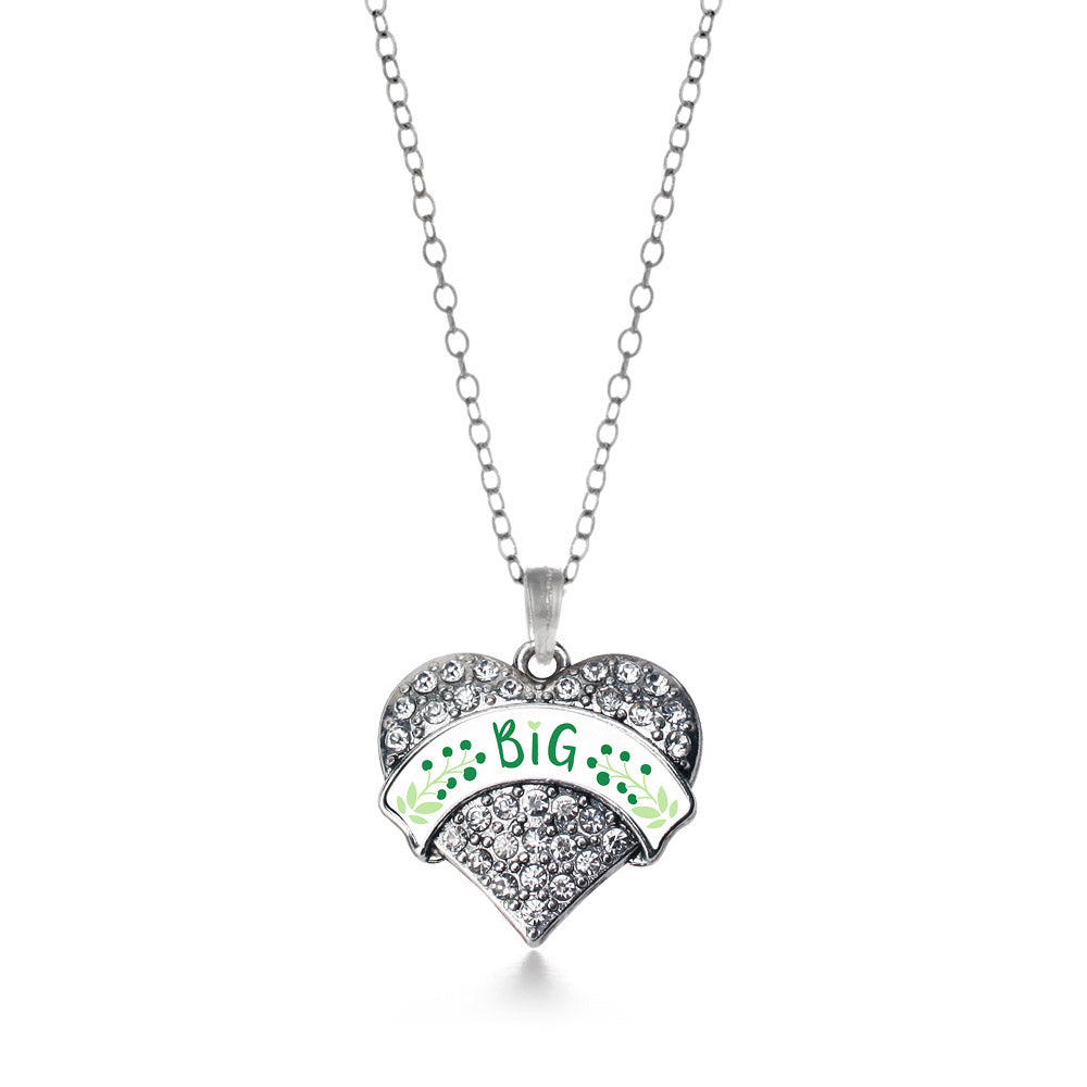 Silver Green and White Big Pave Heart Charm Classic Necklace