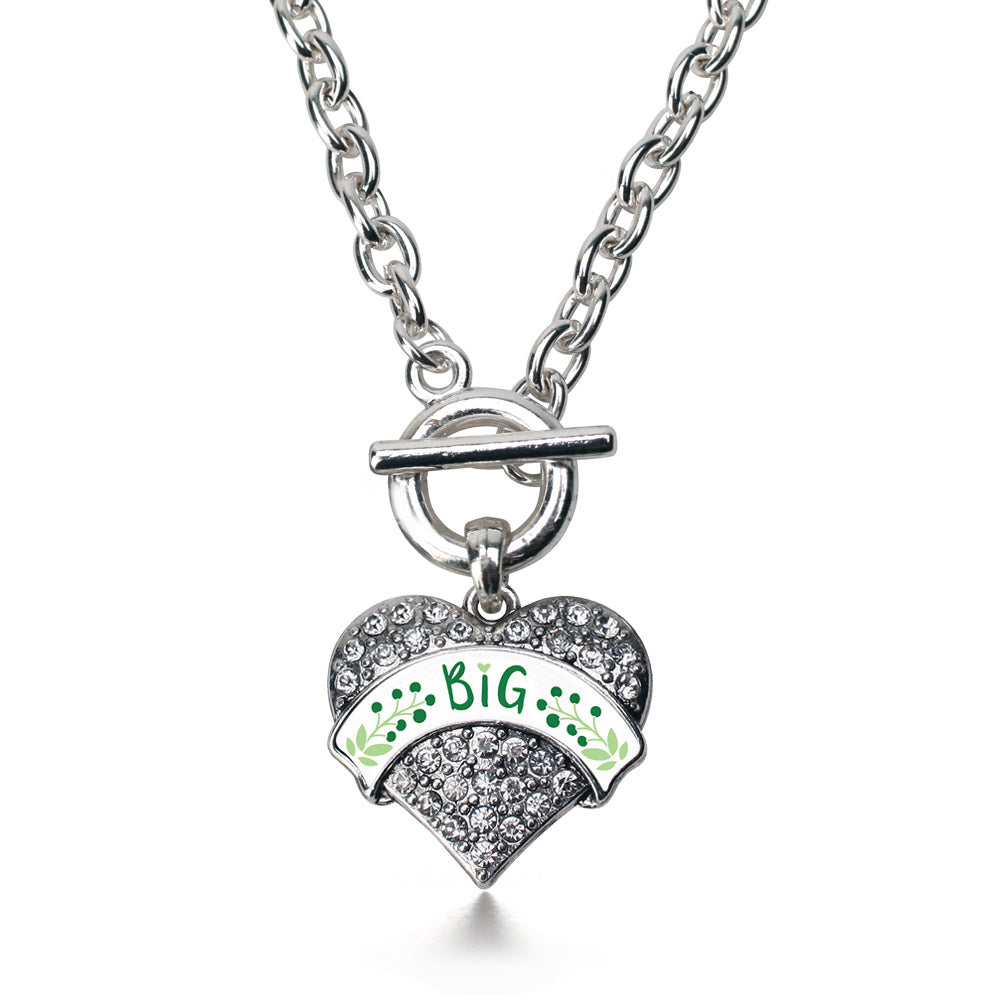 Silver Green and White Big Pave Heart Charm Toggle Necklace