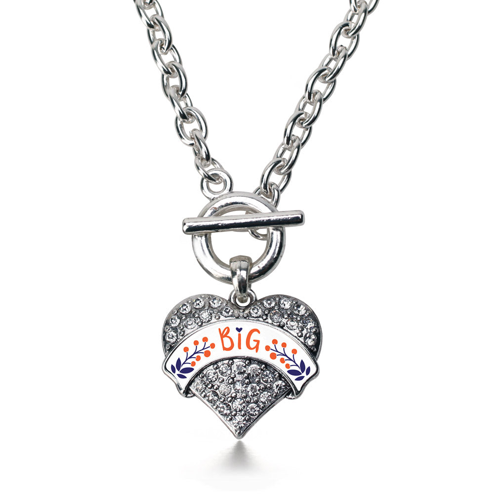 Silver Orange and Navy Blue Big Pave Heart Charm Toggle Necklace