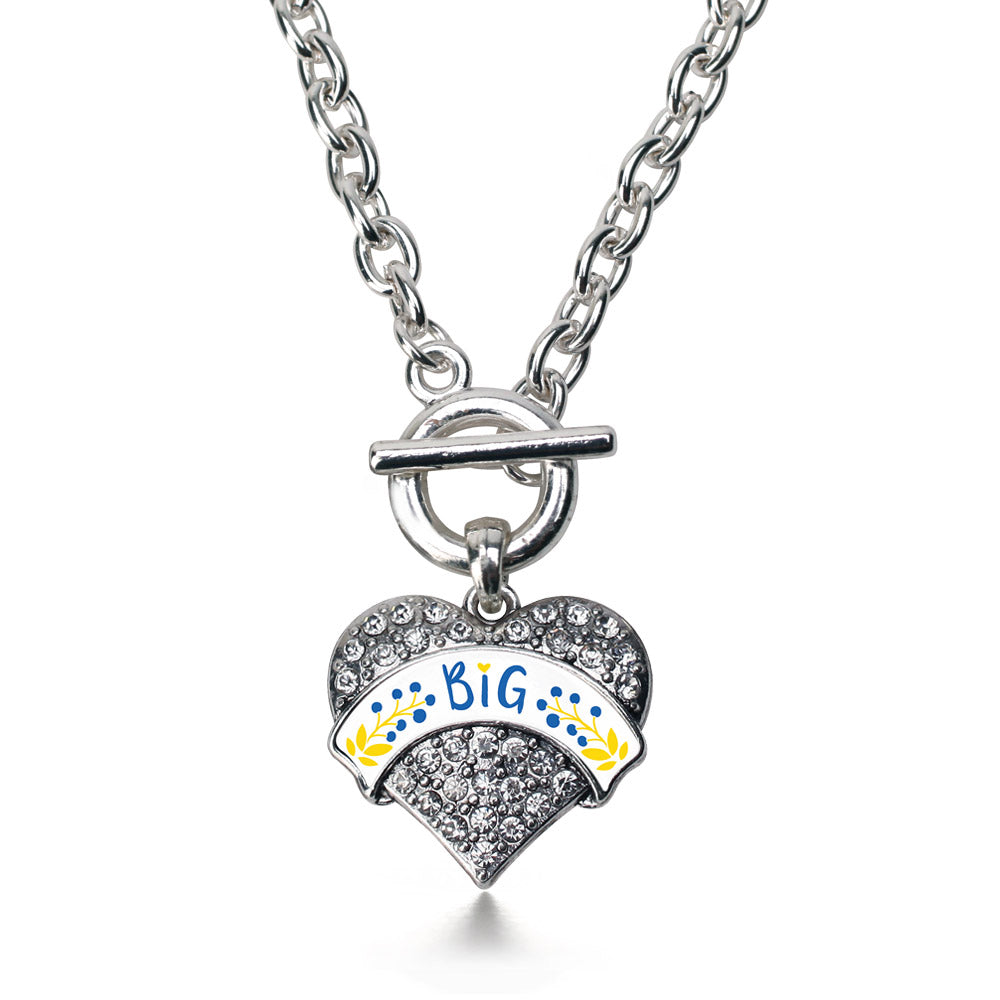Silver Cerulean Blue and Canary Yellow Big Pave Heart Charm Toggle Necklace