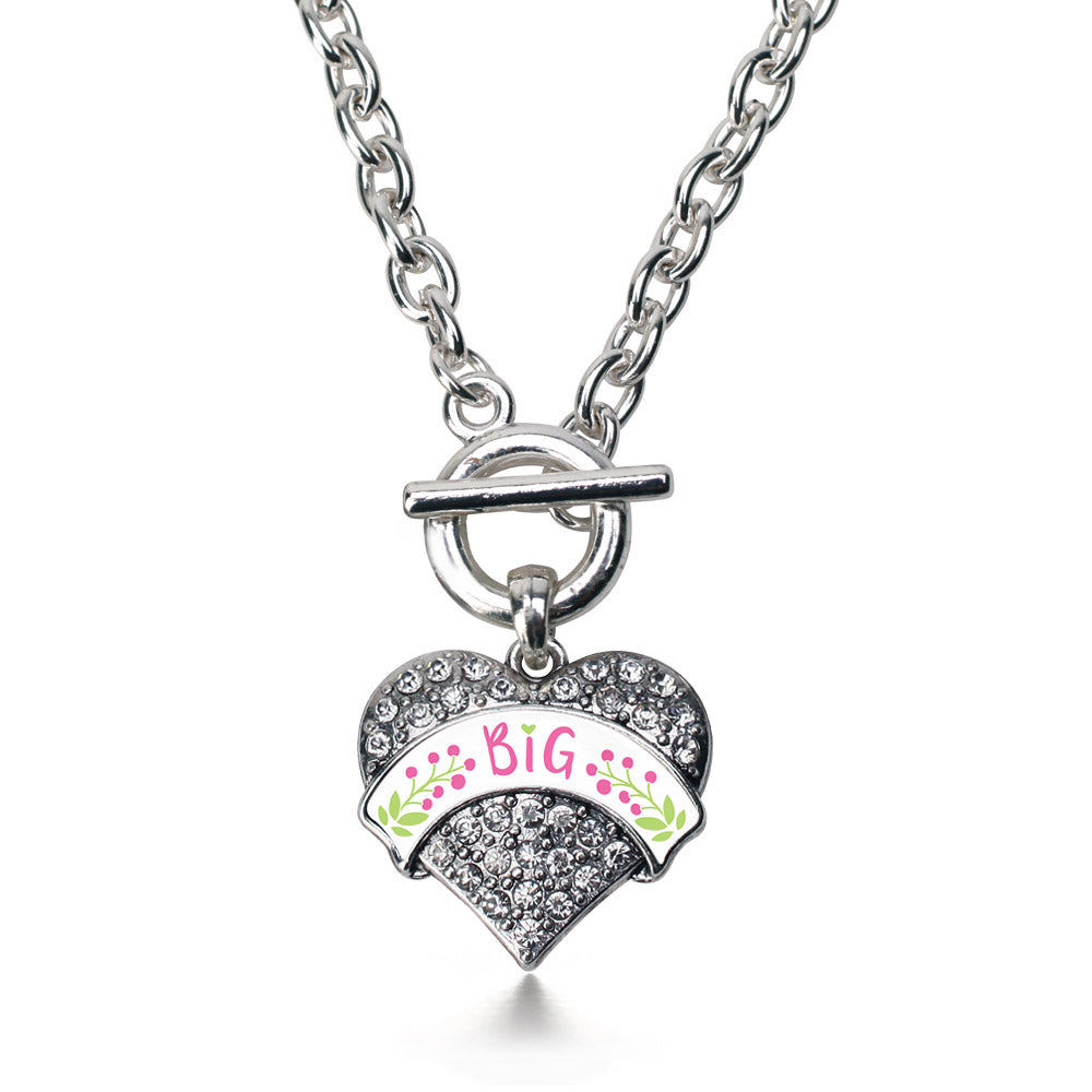 Silver Rose and Green Big Pave Heart Charm Toggle Necklace