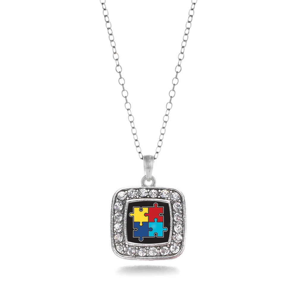 Silver Autism Awareness Jigsaw Square Charm Classic Necklace