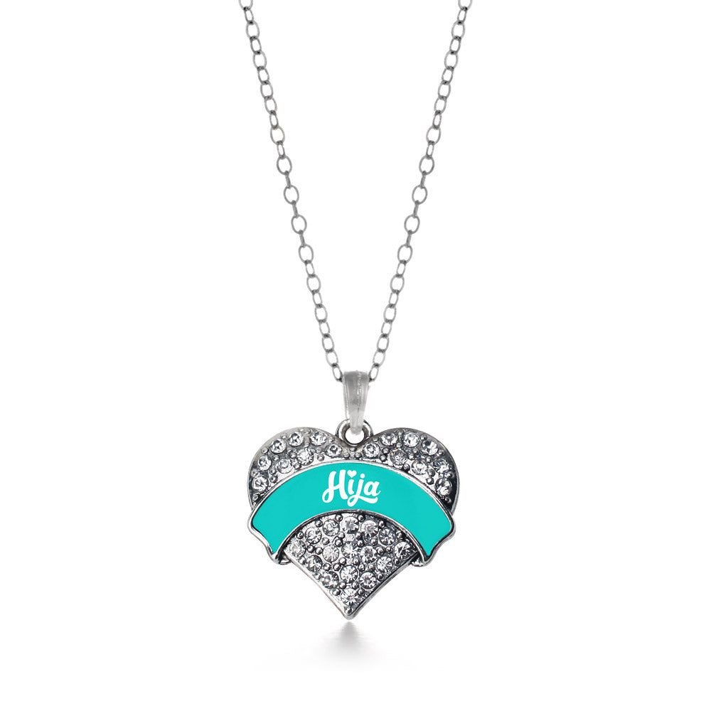 Silver Teal Hija Pave Heart Charm Classic Necklace