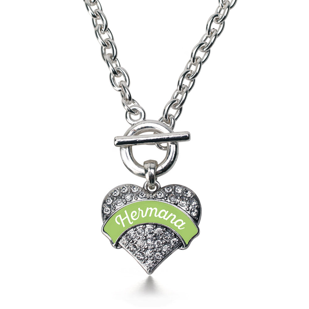 Silver Hermana - Sage Green Pave Heart Charm Toggle Necklace