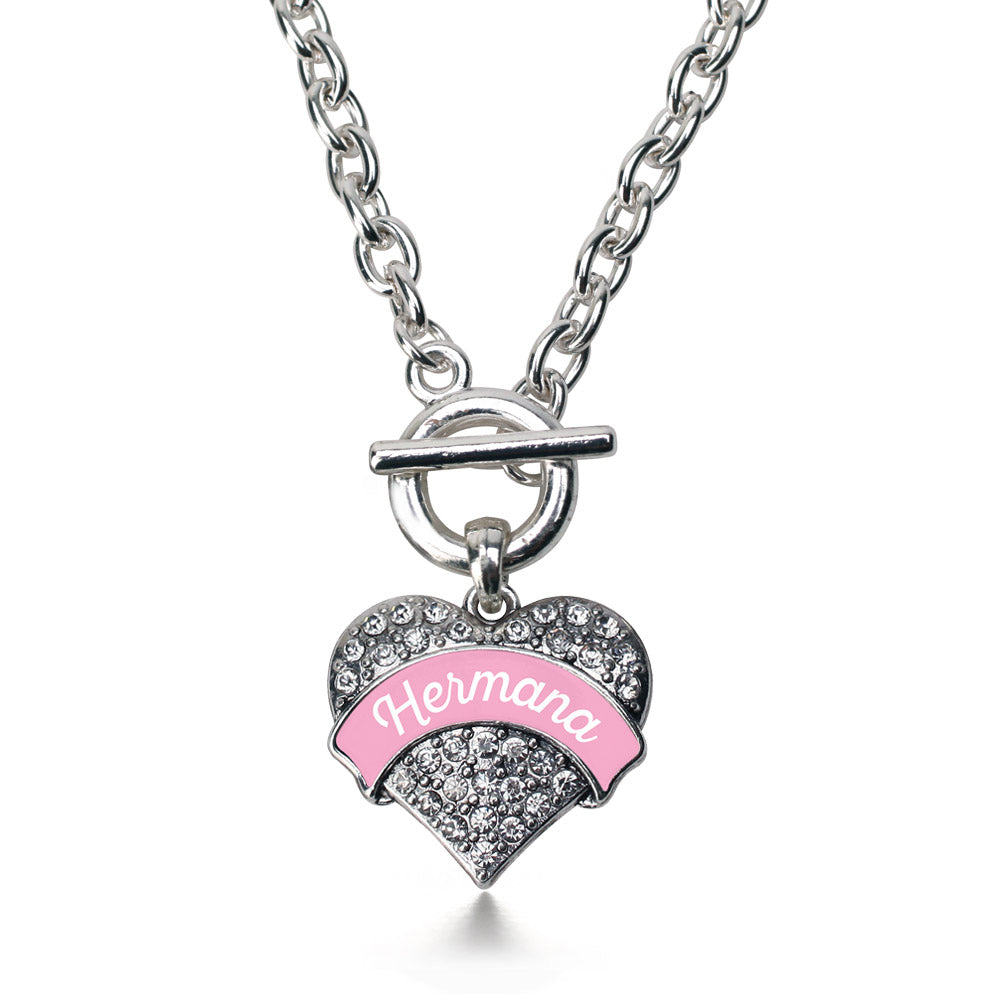 Silver Hermana - Pink Pave Heart Charm Toggle Necklace