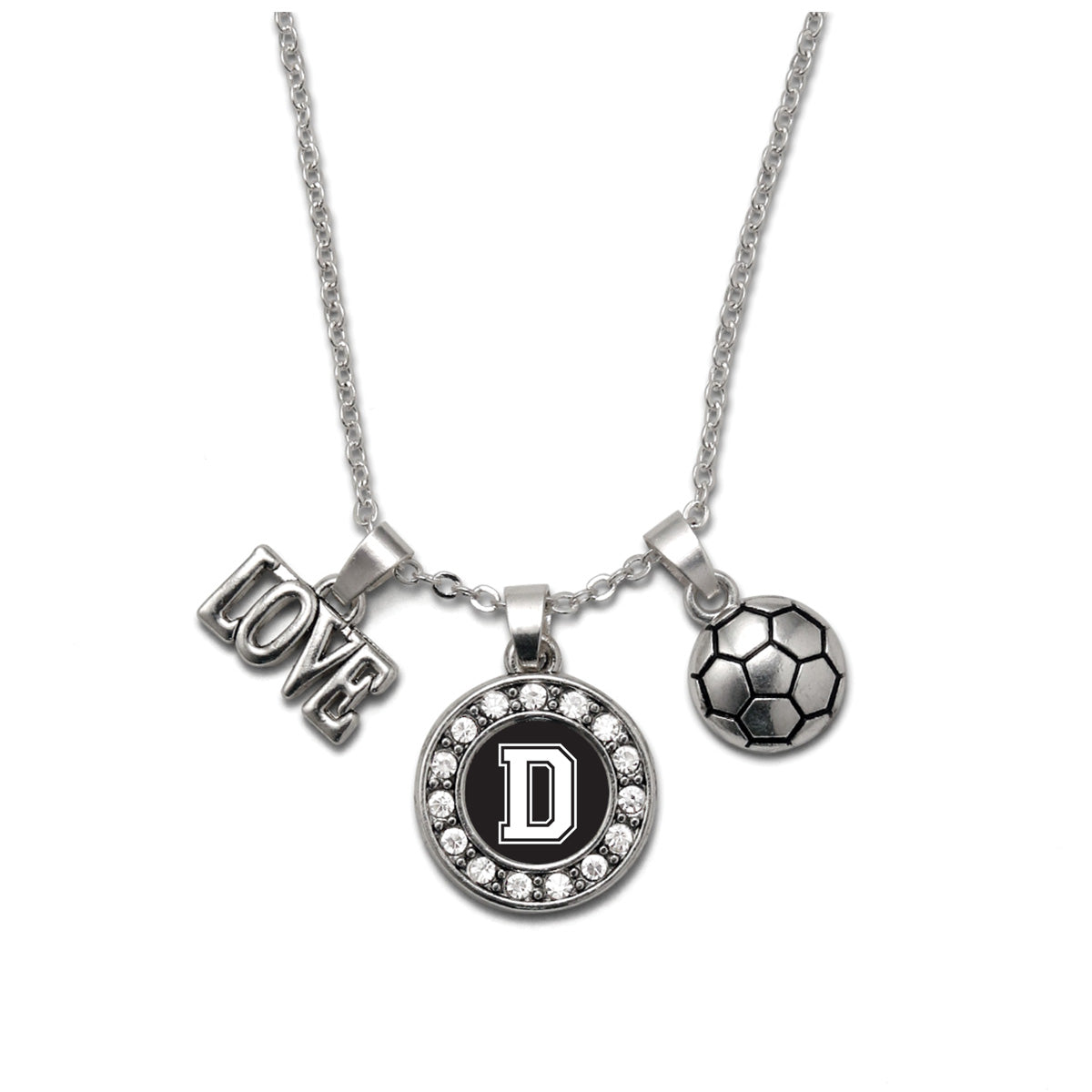 Silver Soccer - Sports Initial D Circle Charm Classic Necklace