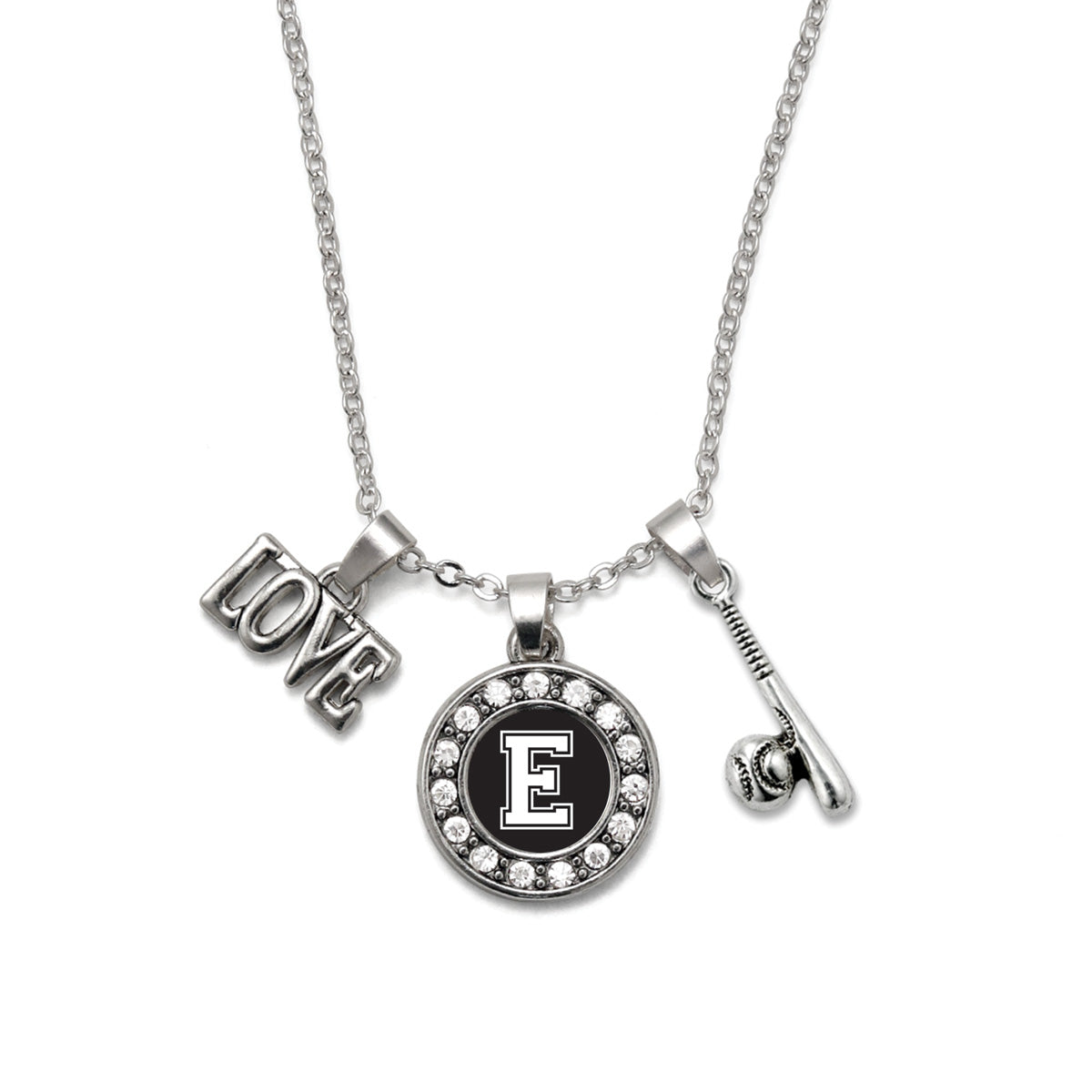 Silver Baseball Bat - Sports Initial E Circle Charm Classic Necklace