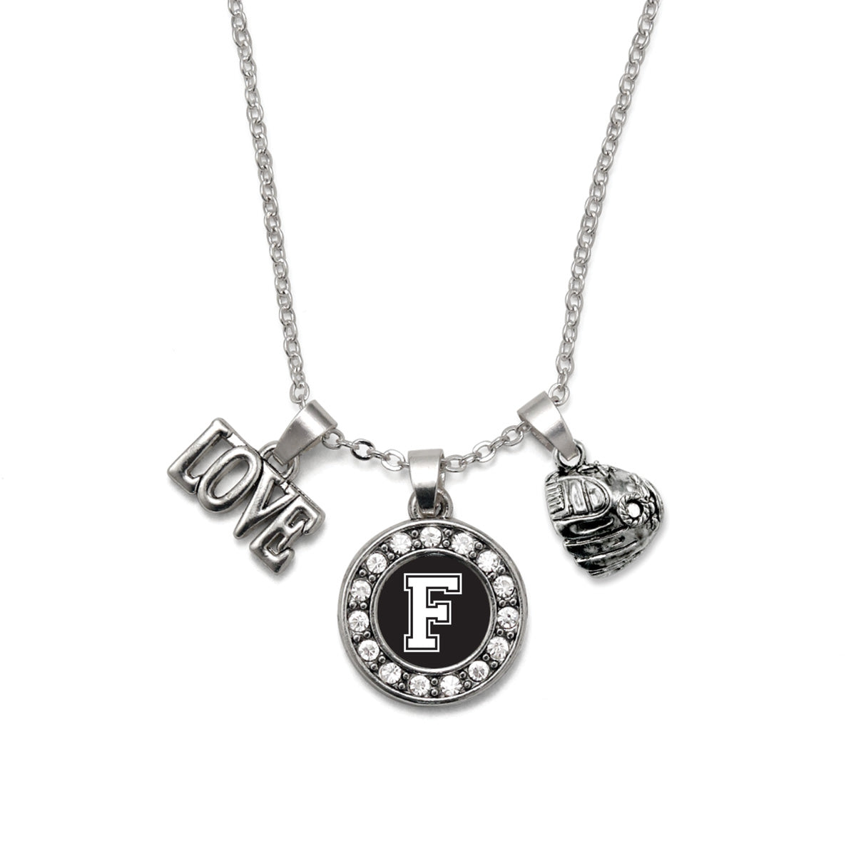 Silver Baseball Glove - Sports Initial F Circle Charm Classic Necklace