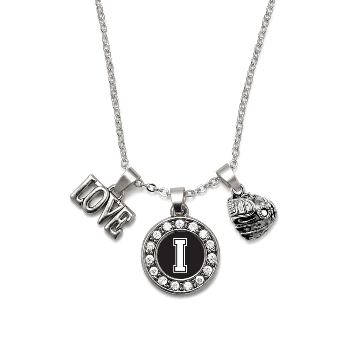 Silver Baseball Glove - Sports Initial I Circle Charm Classic Necklace