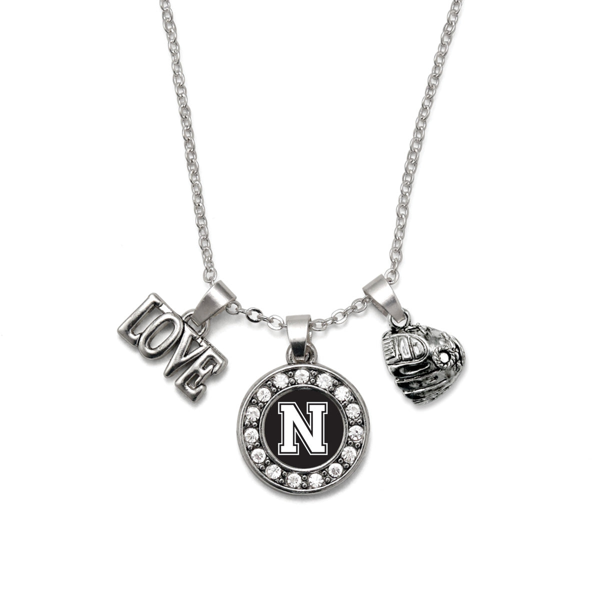 Silver Baseball Glove - Sports Initial N Circle Charm Classic Necklace
