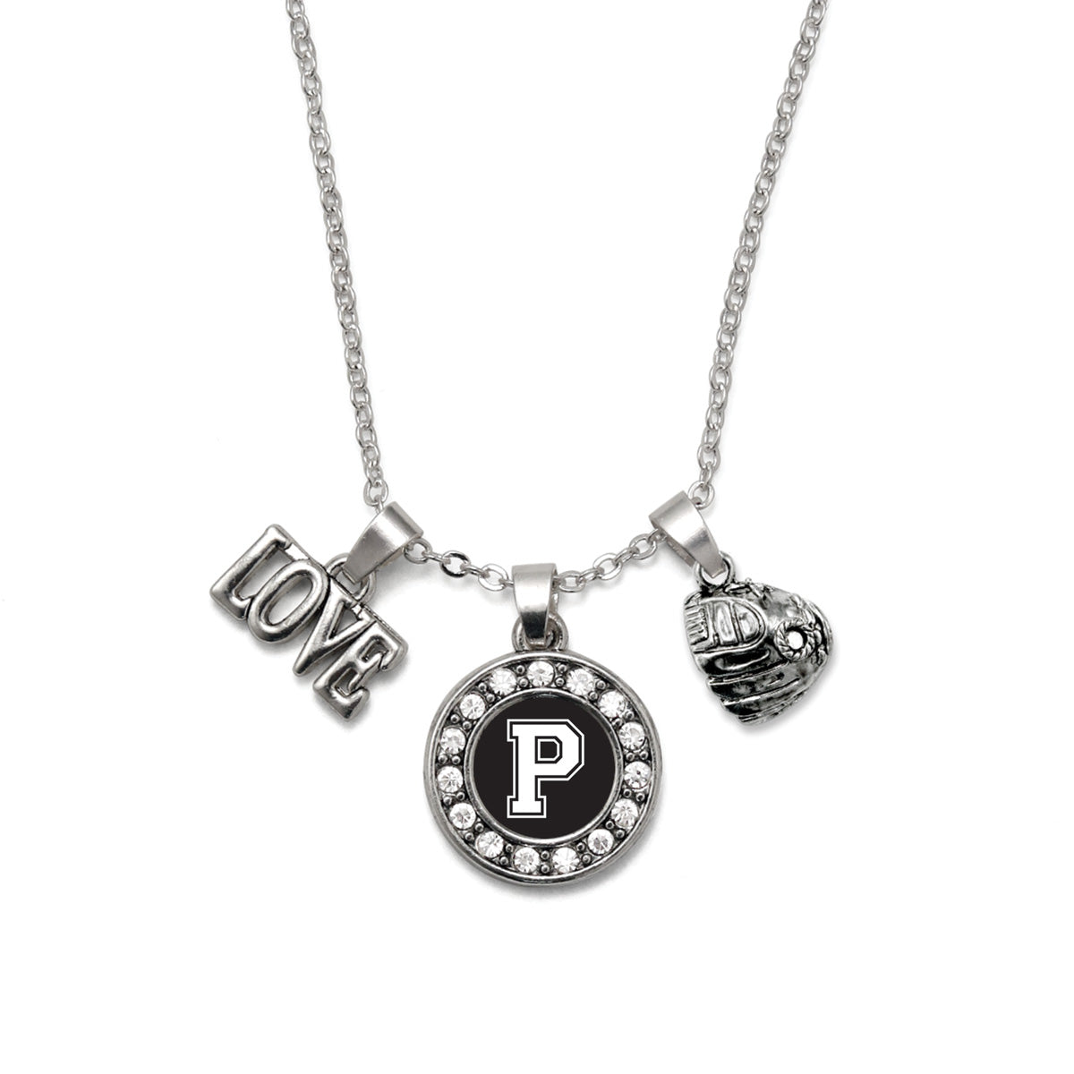 Silver Baseball Glove - Sports Initial P Circle Charm Classic Necklace