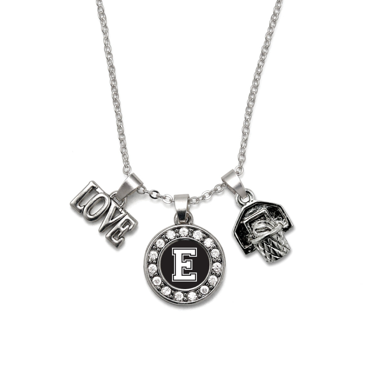Silver Basketball Hoop - Sports Initial E Circle Charm Classic Necklace
