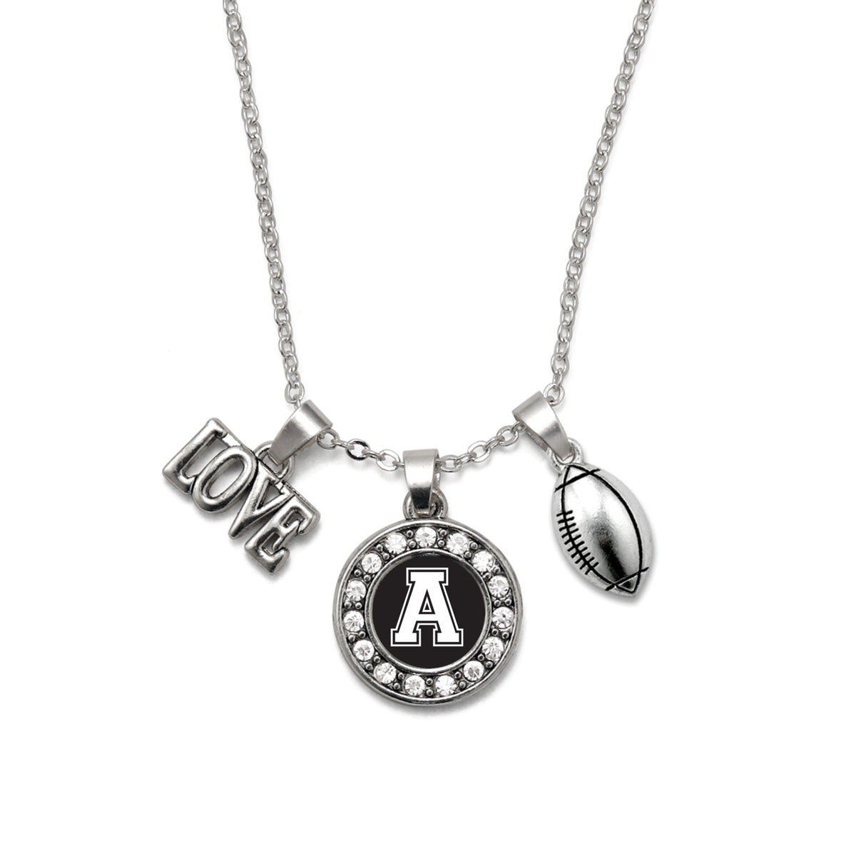Silver Football - Sports Initial A Circle Charm Classic Necklace