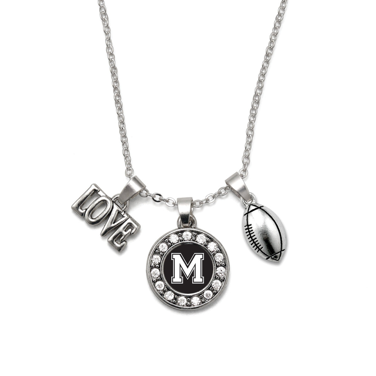 Silver Football - Sports Initial M Circle Charm Classic Necklace