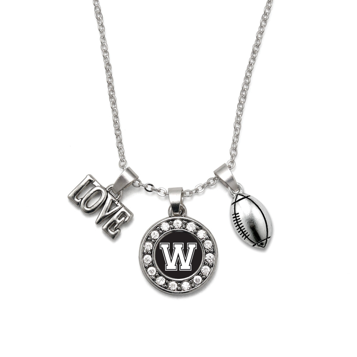 Silver Football - Sports Initial W Circle Charm Classic Necklace