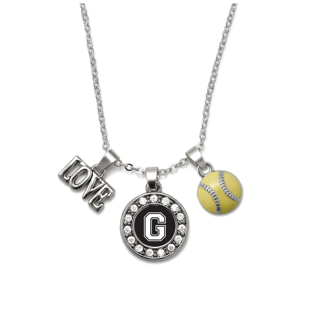 Silver Softball - Sports Initial G Circle Charm Classic Necklace