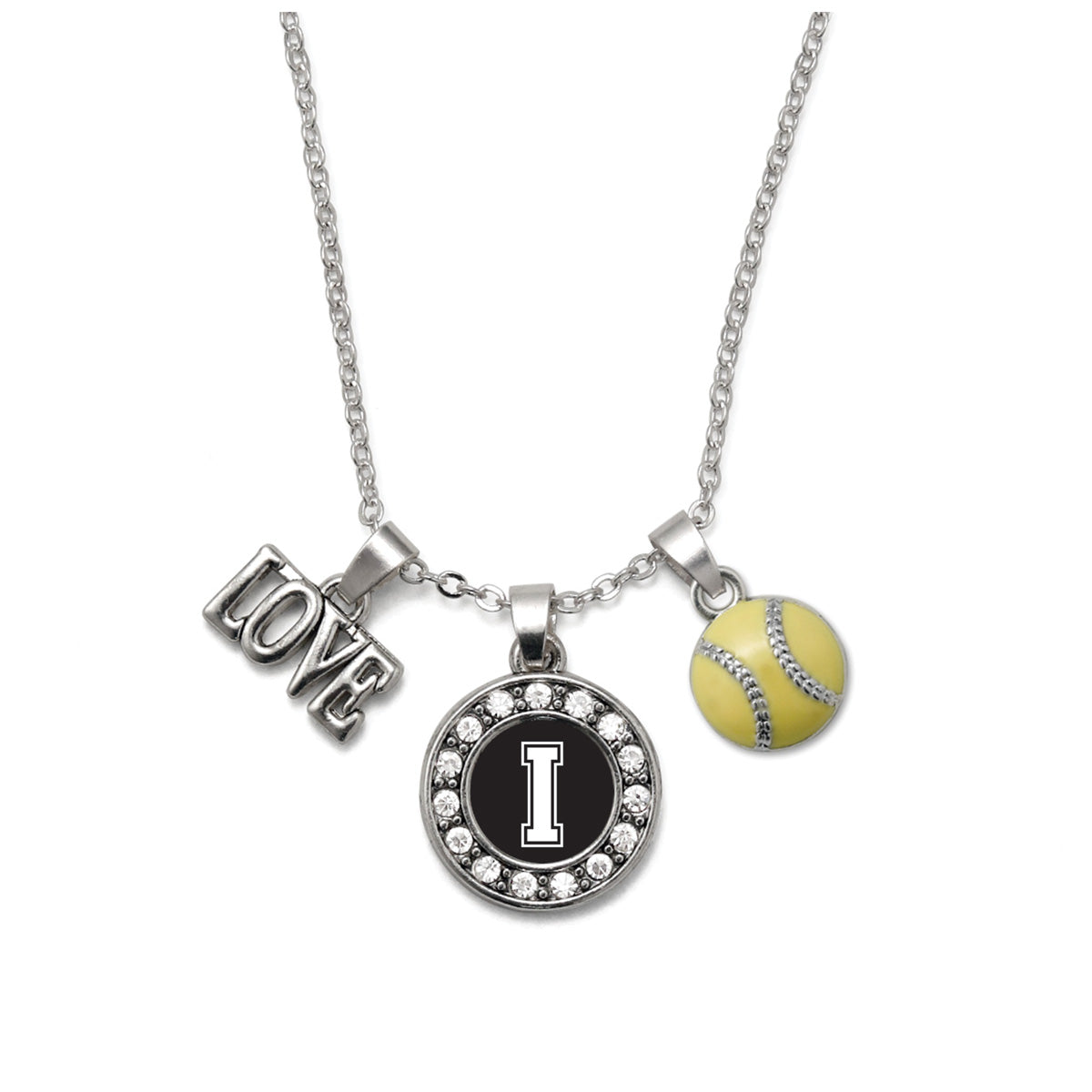 Silver Softball - Sports Initial I Circle Charm Classic Necklace