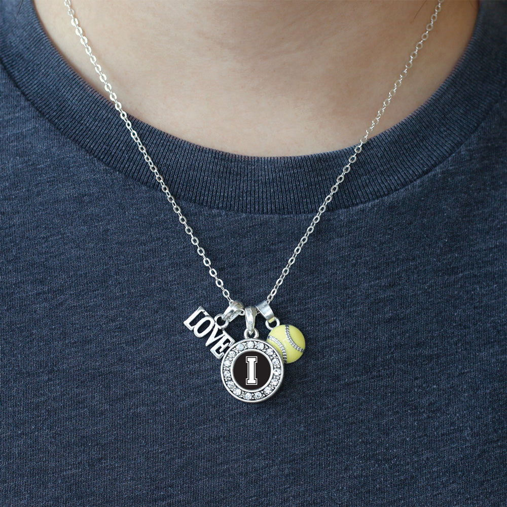 Silver Softball - Sports Initial I Circle Charm Classic Necklace