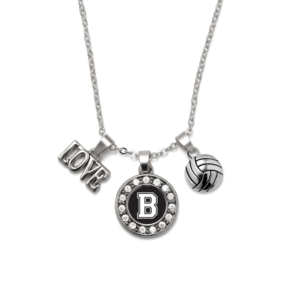 Silver Volleyball - Sports Initial B Circle Charm Classic Necklace