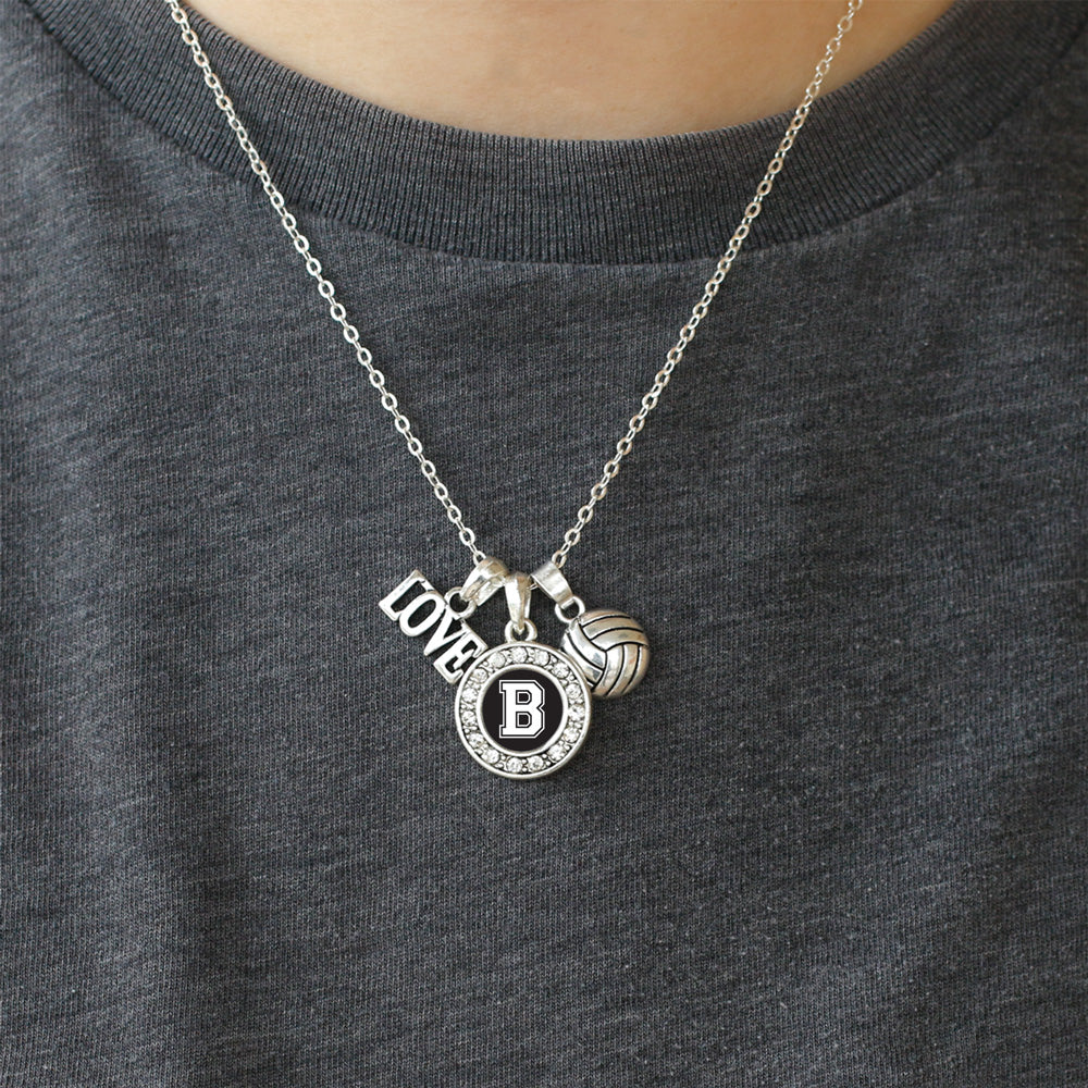 Silver Volleyball - Sports Initial B Circle Charm Classic Necklace