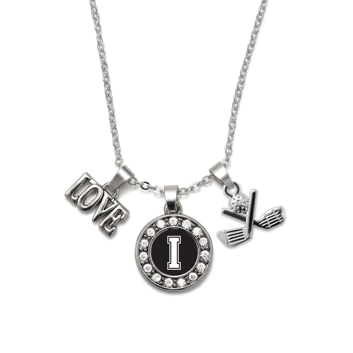Silver Golf - Sports Initial I Circle Charm Classic Necklace