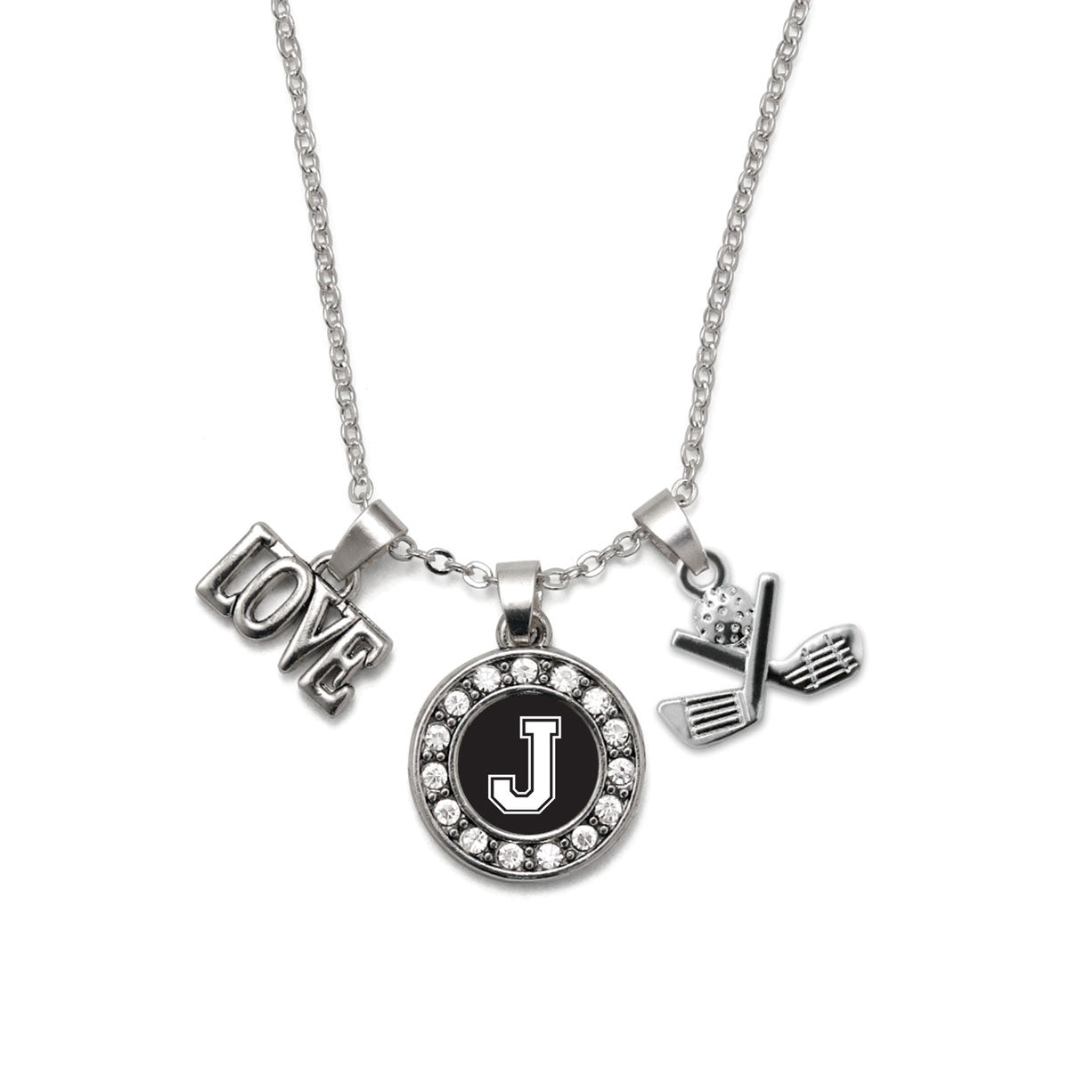 Silver Golf - Sports Initial J Circle Charm Classic Necklace