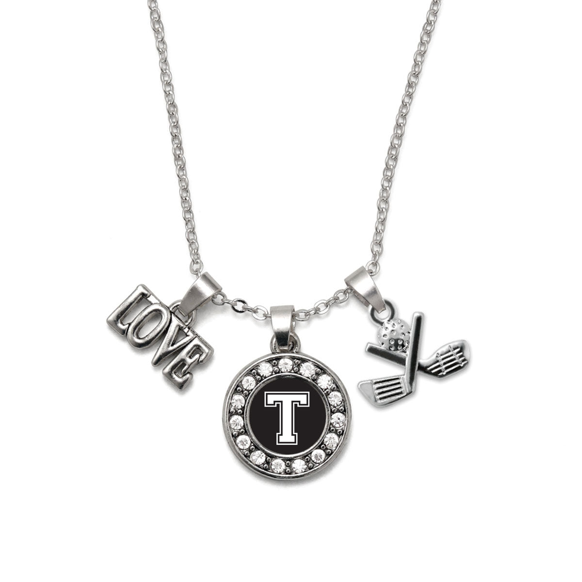 Silver Golf - Sports Initial T Circle Charm Classic Necklace