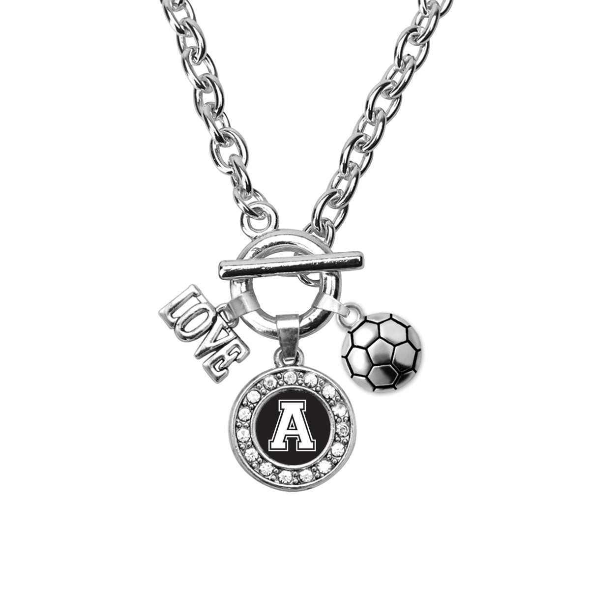 Silver Soccer - Sports Initial A Circle Charm Toggle Necklace