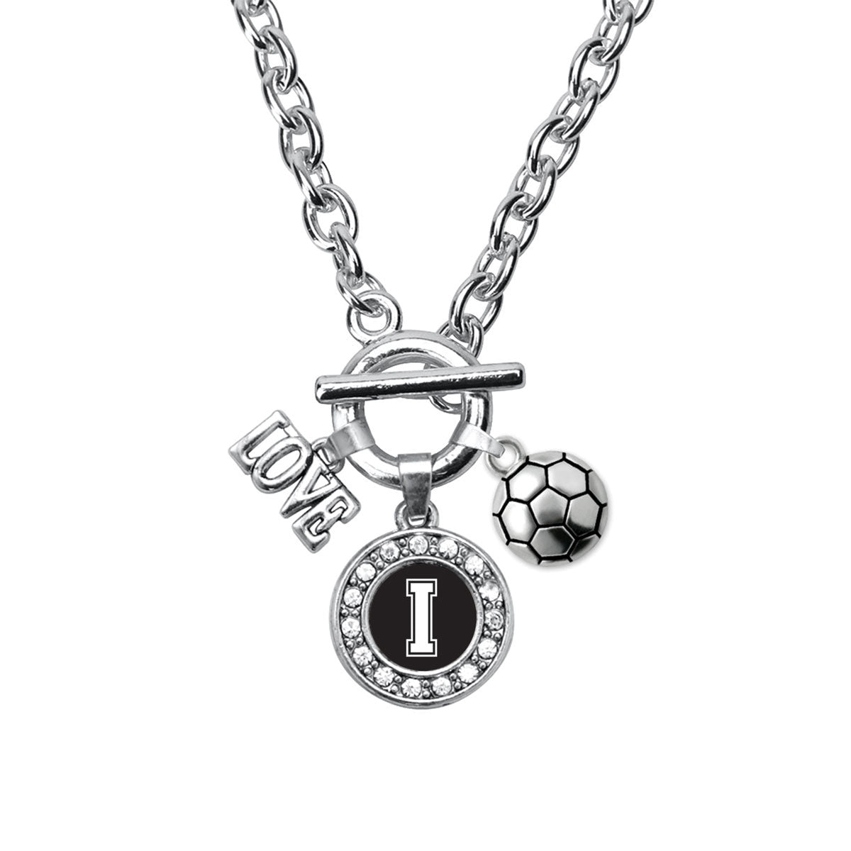 Silver Soccer - Sports Initial I Circle Charm Toggle Necklace