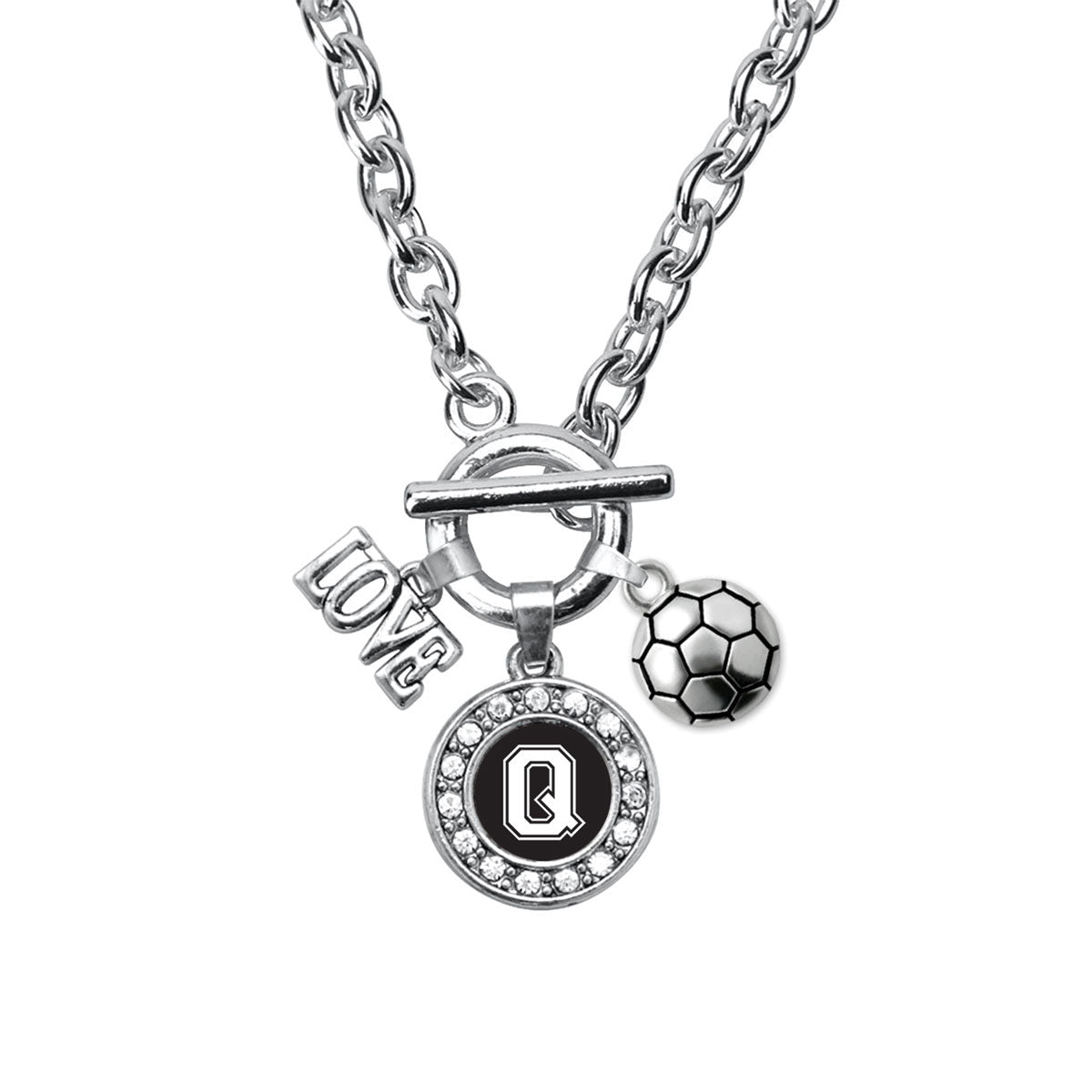 Silver Soccer - Sports Initial Q Circle Charm Toggle Necklace